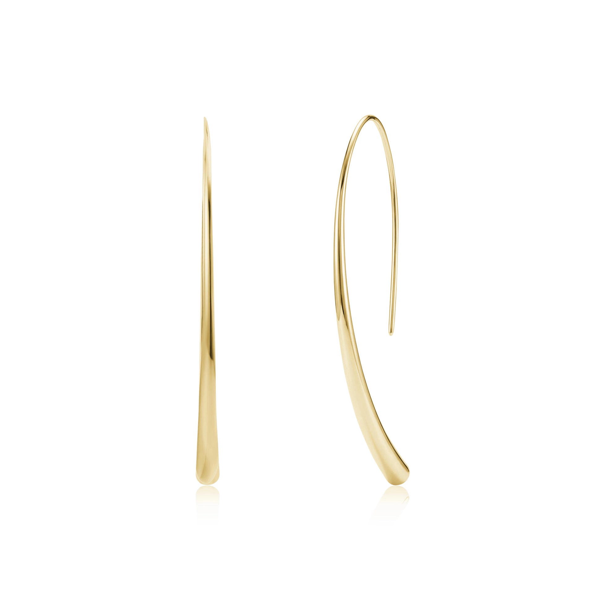 Slim curved gold stainless steel hook earrings with a shiny finish, 42mm long