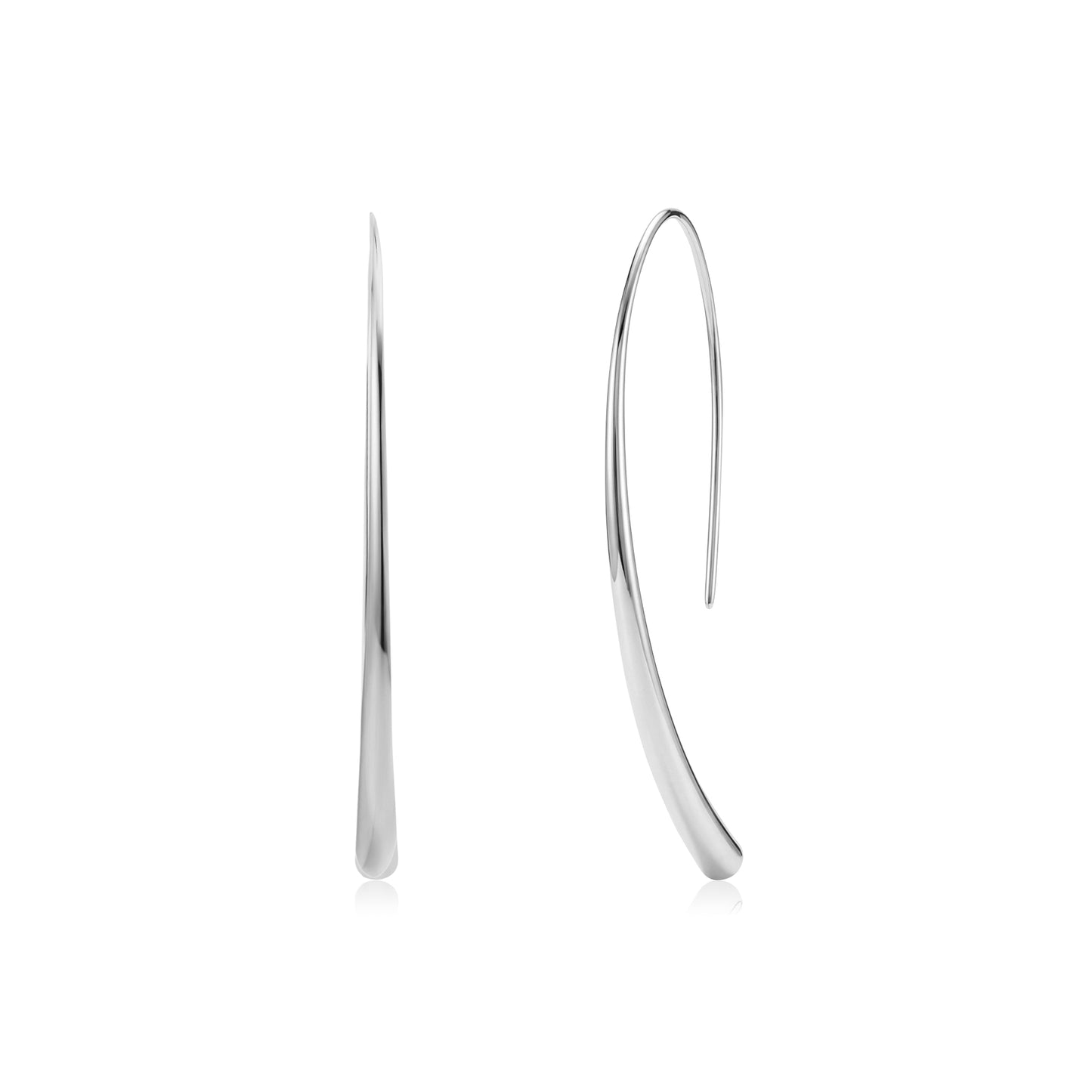 Slim curved silver stainless steel hook earrings with a shiny finish, 42mm long