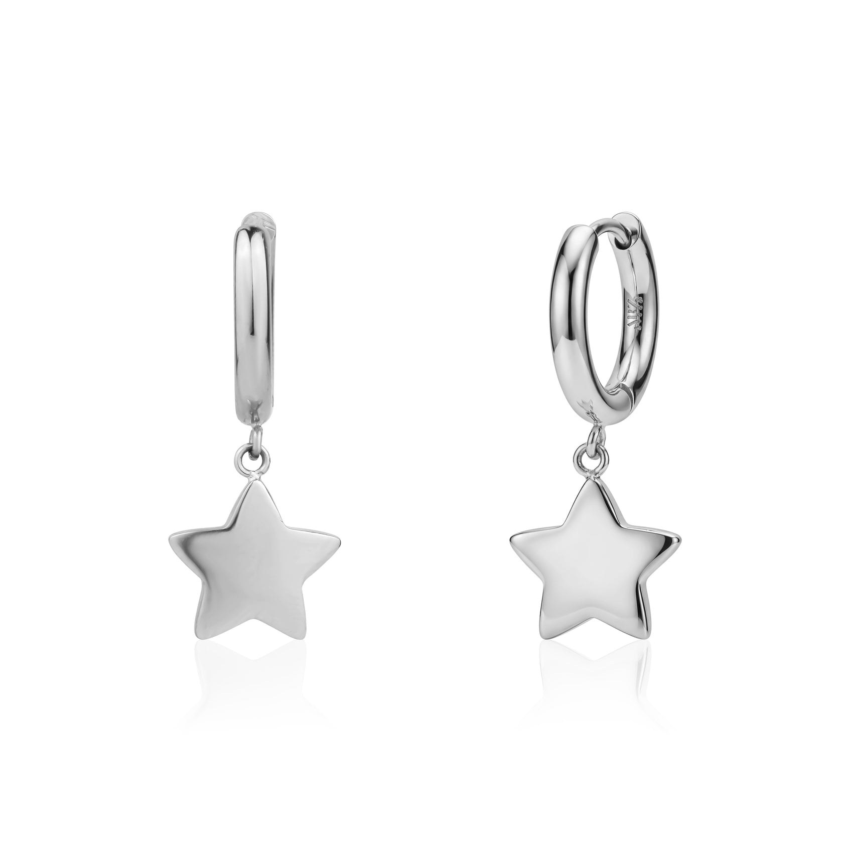 Silver stainless steel star dangle hoop earrings with 12mm star charm and 15mm huggie hoops