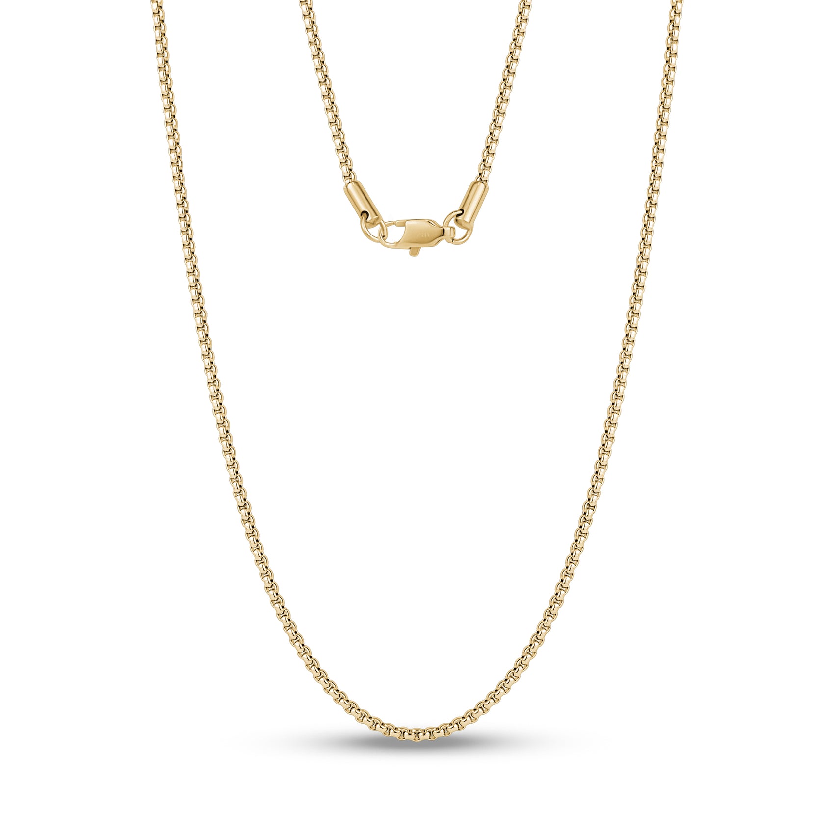 Minimalist 2mm stainless steel box link chain laying flat against a neutral background  