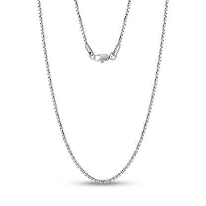 Close-up view of 2mm thin stainless steel round box link chain with polished finish  