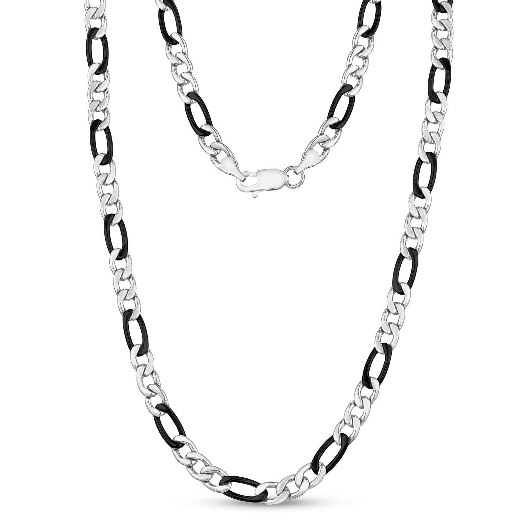 Shiny 7mm Figaro link chain necklace coiled neatly with focus on craftsmanship