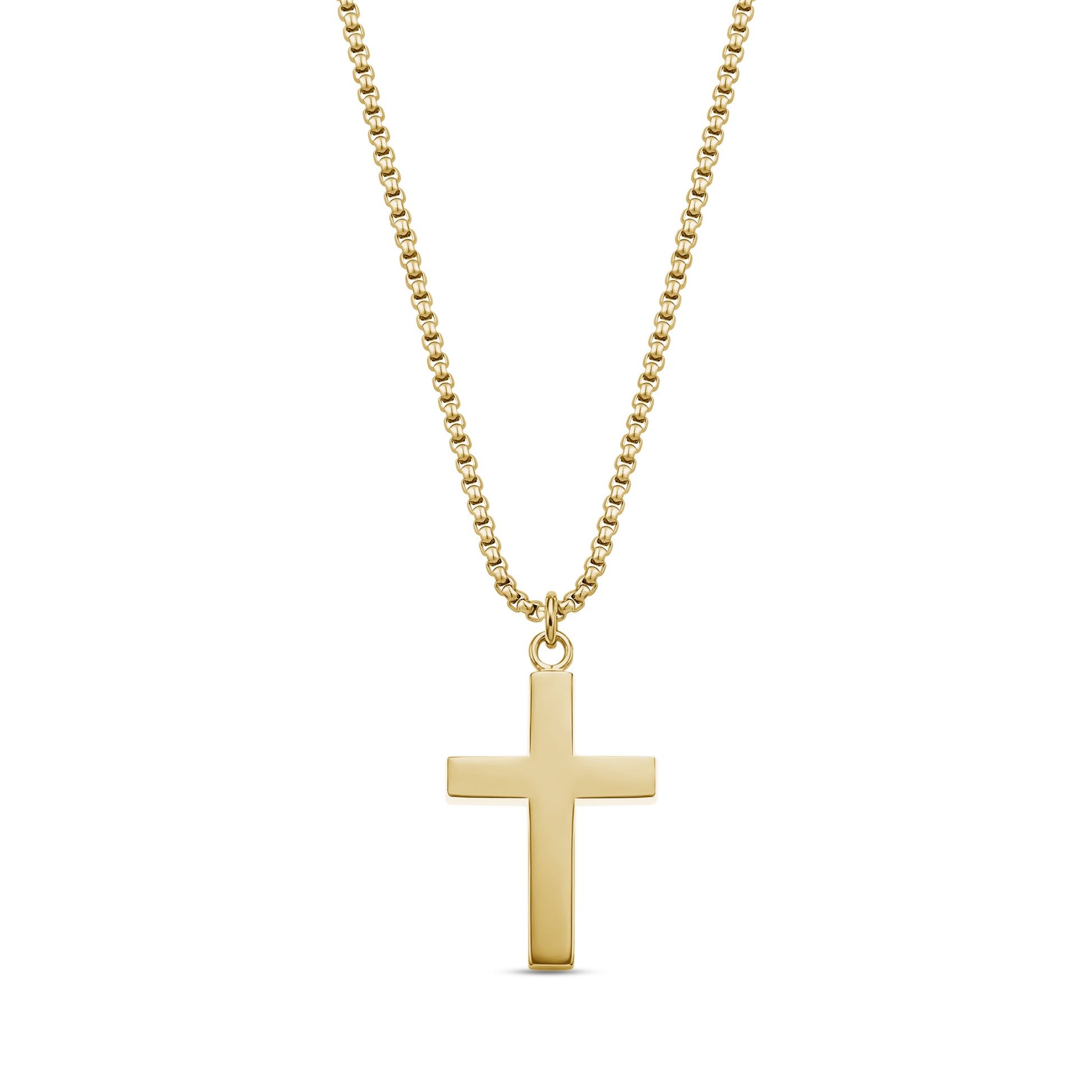 Gold-tone stainless steel men's cross pendant necklace with 24-inch round box chain