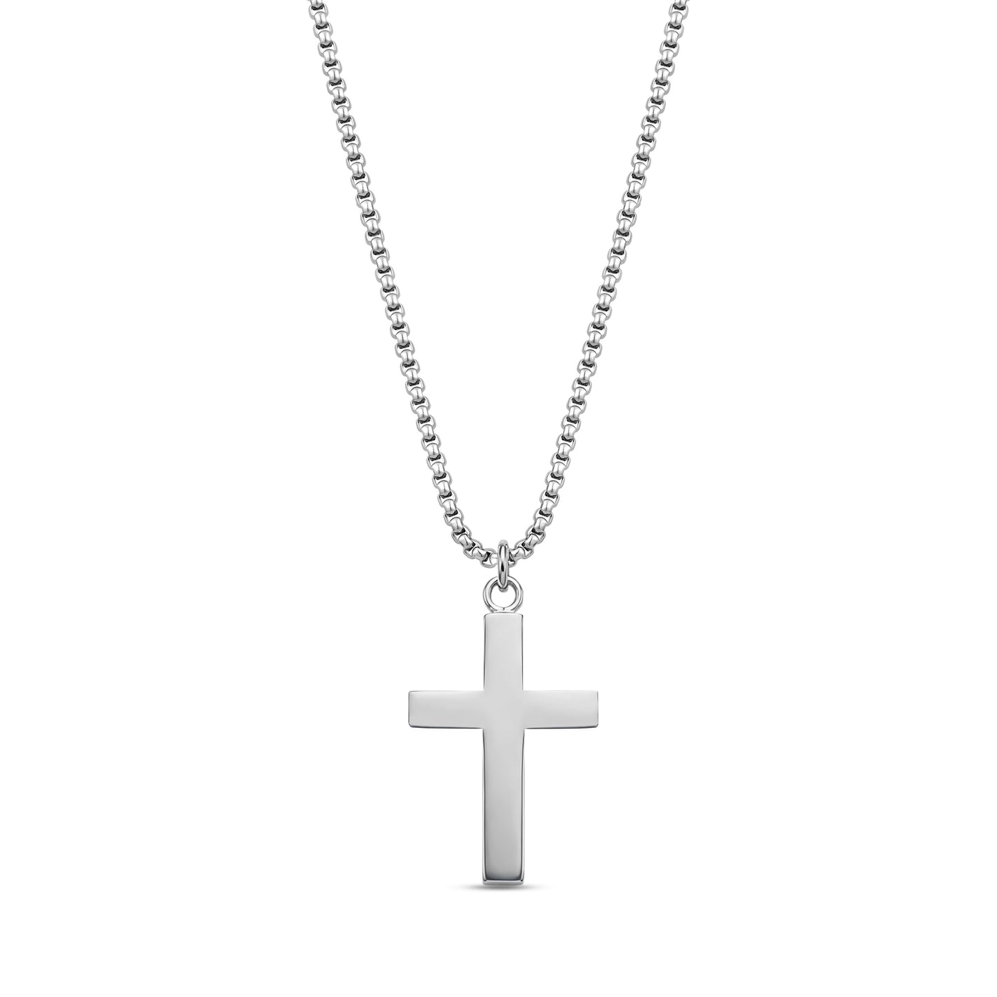 Silver stainless steel men's cross pendant necklace with 24-inch round box chain