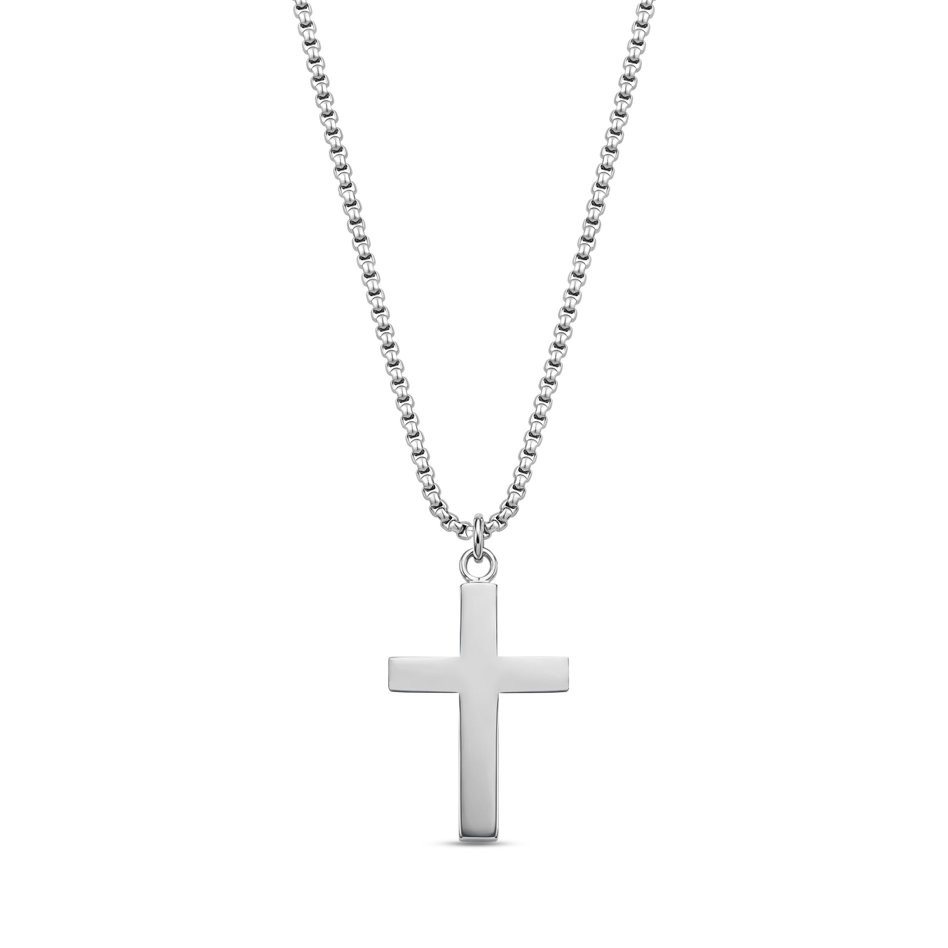 Silver stainless steel men's cross pendant necklace with 24-inch round box chain
