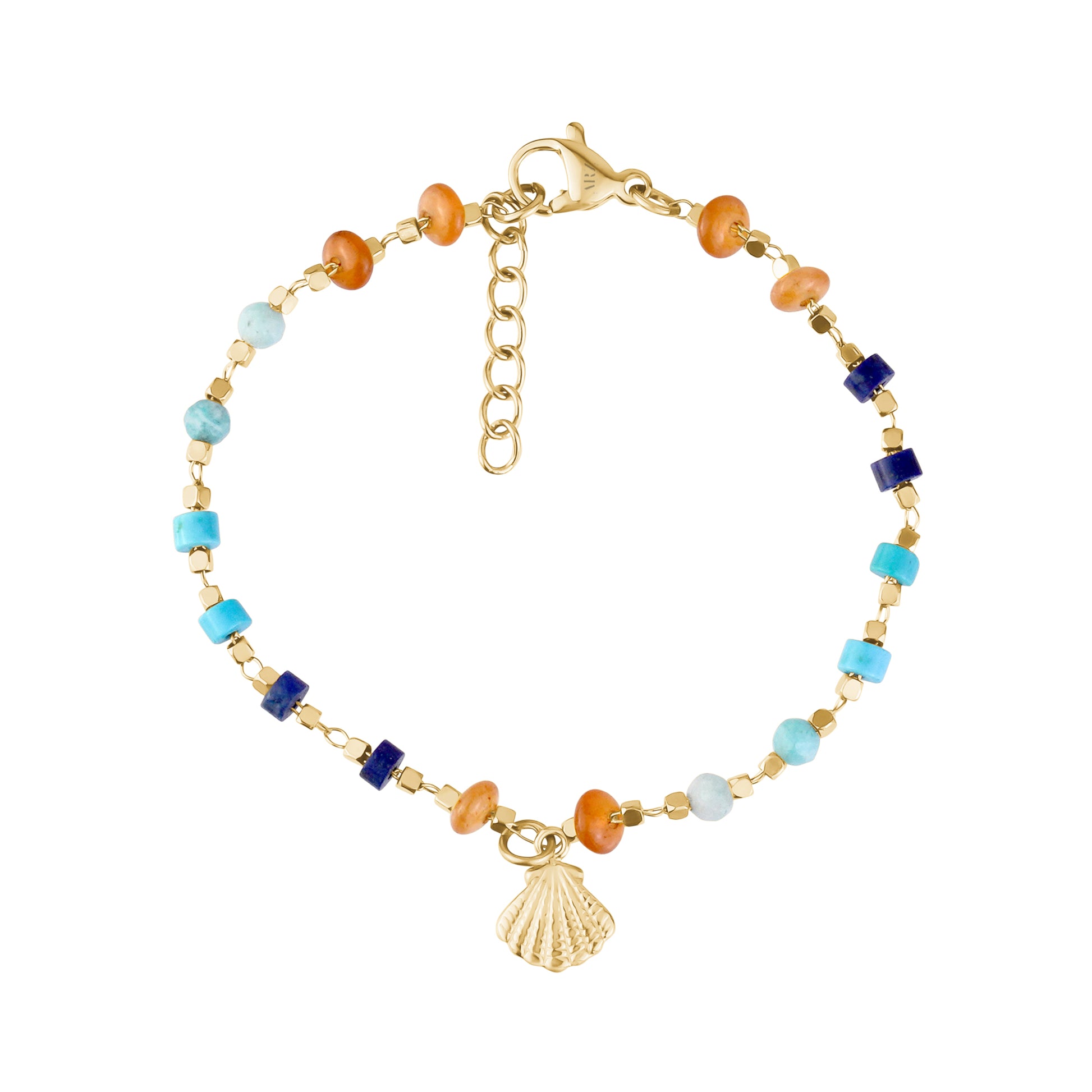Gold beaded bracelet with turquoise, lapis, and coral beads and a small seashell charm on white background