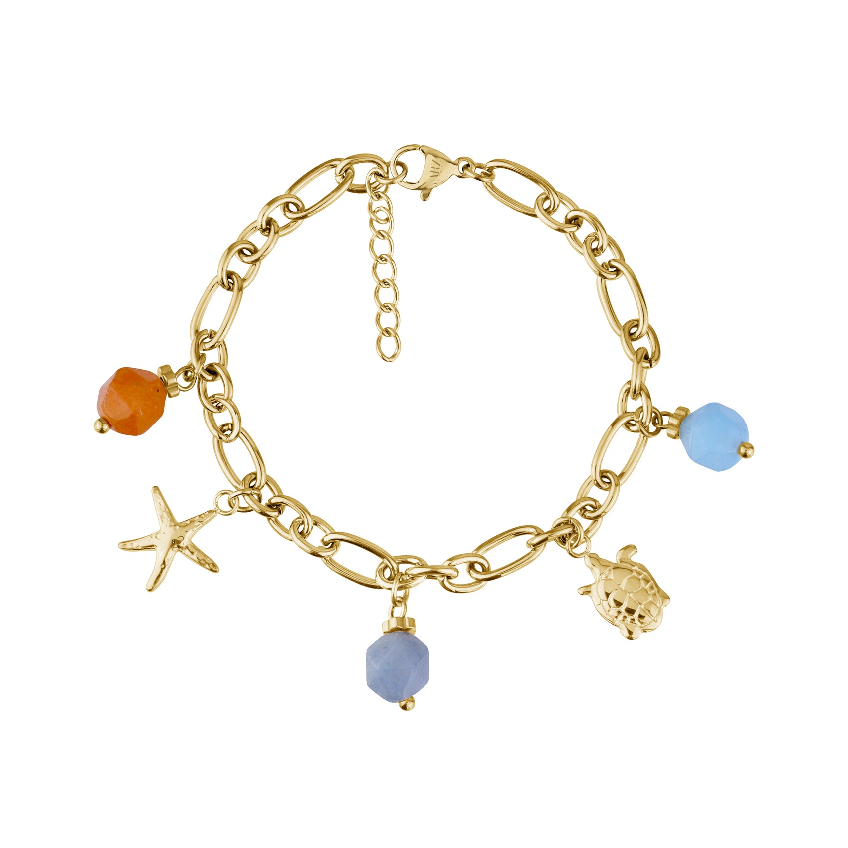 Gold chain bracelet with tropical-themed charms and colorful beads on white background