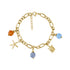 Gold chain bracelet with tropical-themed charms and colorful beads on white background
