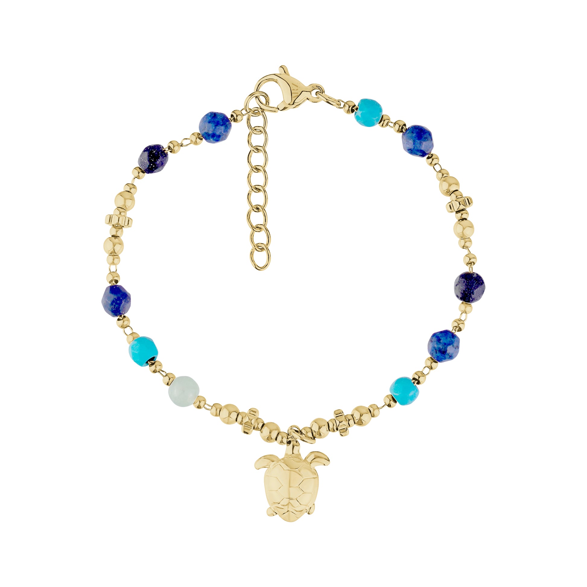 Gold stainless steel bracelet with blue beads and a turtle charm on a white background