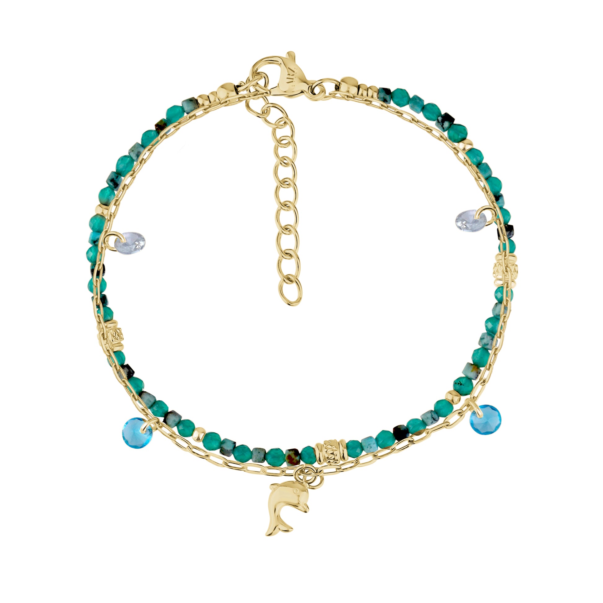 Close-up of Dauphin tropical bracelet featuring small green and blue glass beads with gold stainless steel chains and dolphin charm.