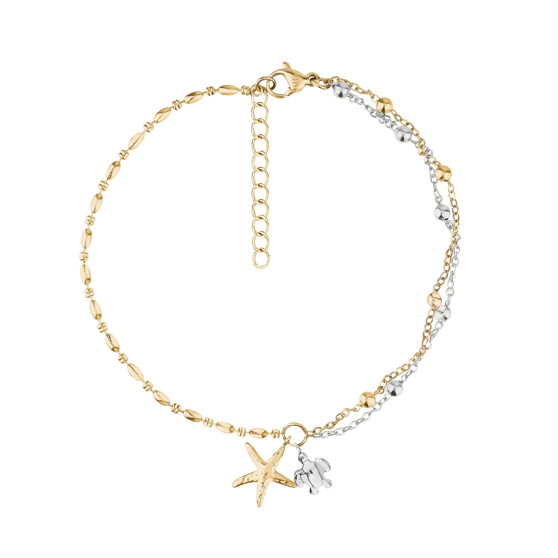 Two-tone gold and silver charm bracelet with starfish and turtle charms on white background