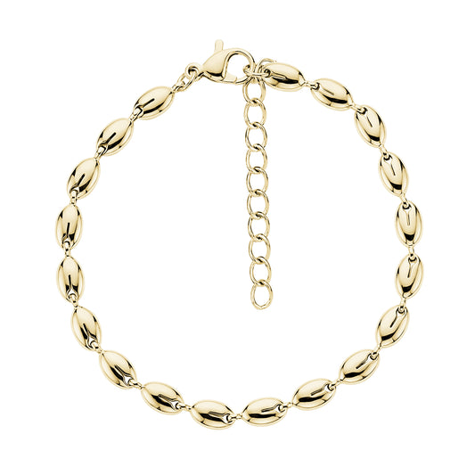 Polished gold oval link stainless steel bracelet with lobster claw clasp and adjustable chain