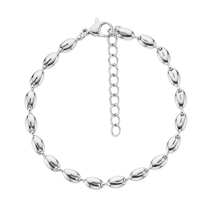 Polished silver oval link stainless steel bracelet with lobster claw clasp and adjustable chain