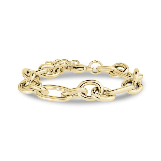 Chunky mixed link chain bracelet in polished gold stainless steel on white background