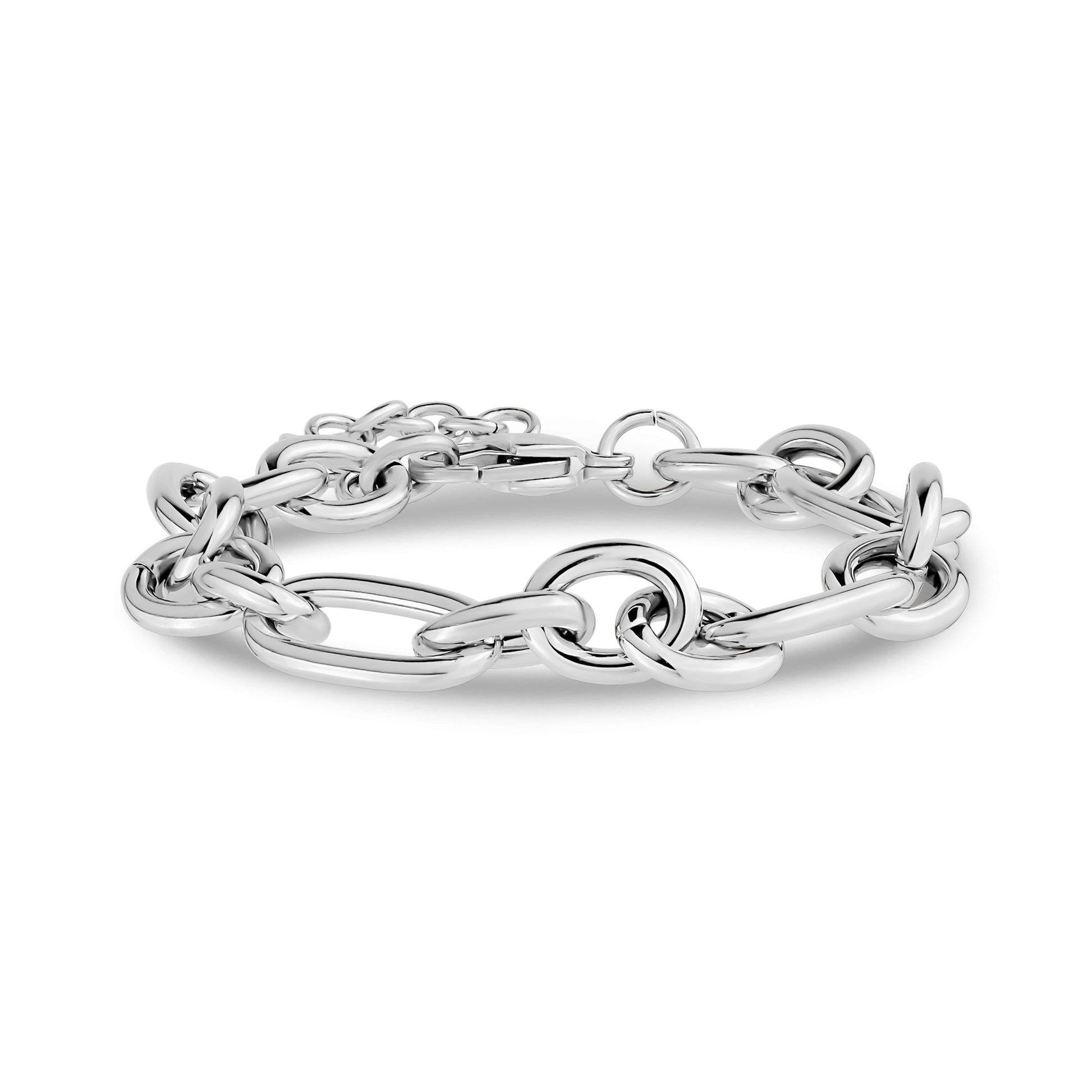 Chunky mixed link chain bracelet in polished silver stainless steel on white background