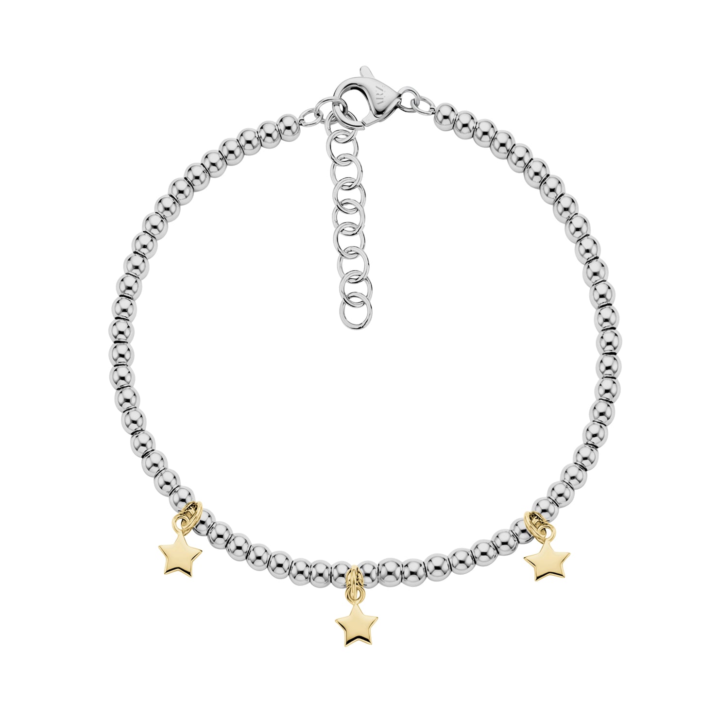 Polished stainless steel bead bracelet with three gold star charms and adjustable lobster clasp