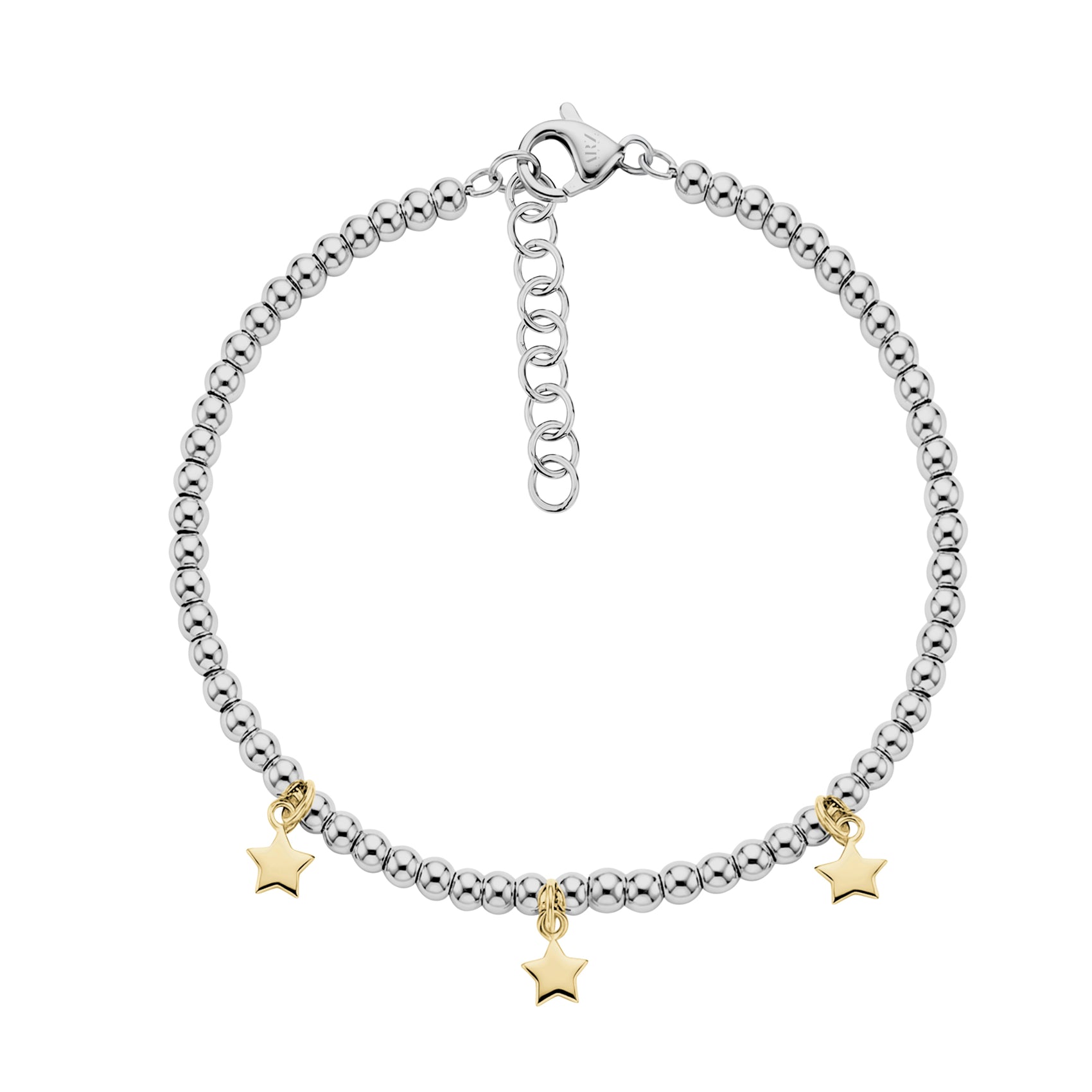 Polished stainless steel bead bracelet with three gold star charms and adjustable lobster clasp