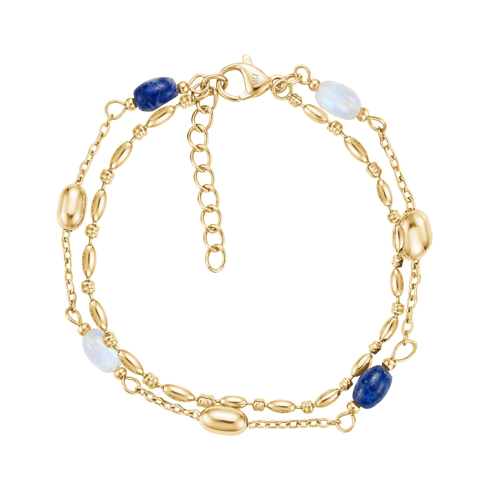 Layered jade bead bracelet made of gold stainless steel featuring blue and light jade stones with adjustable chain