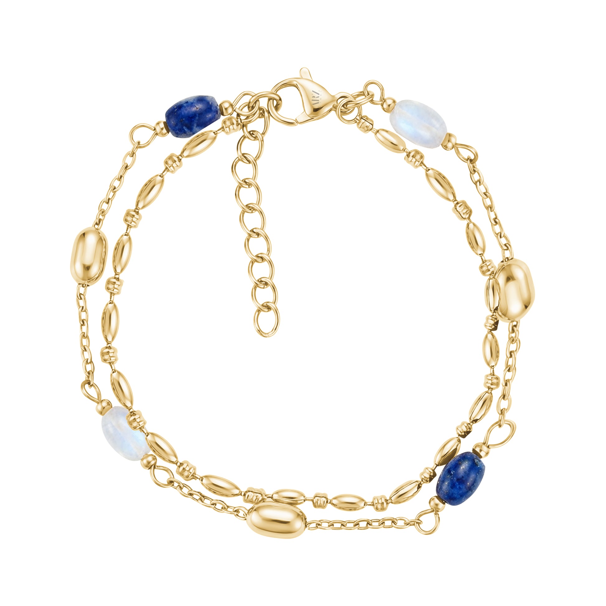 Layered jade bead bracelet made of gold stainless steel featuring blue and light jade stones with adjustable chain