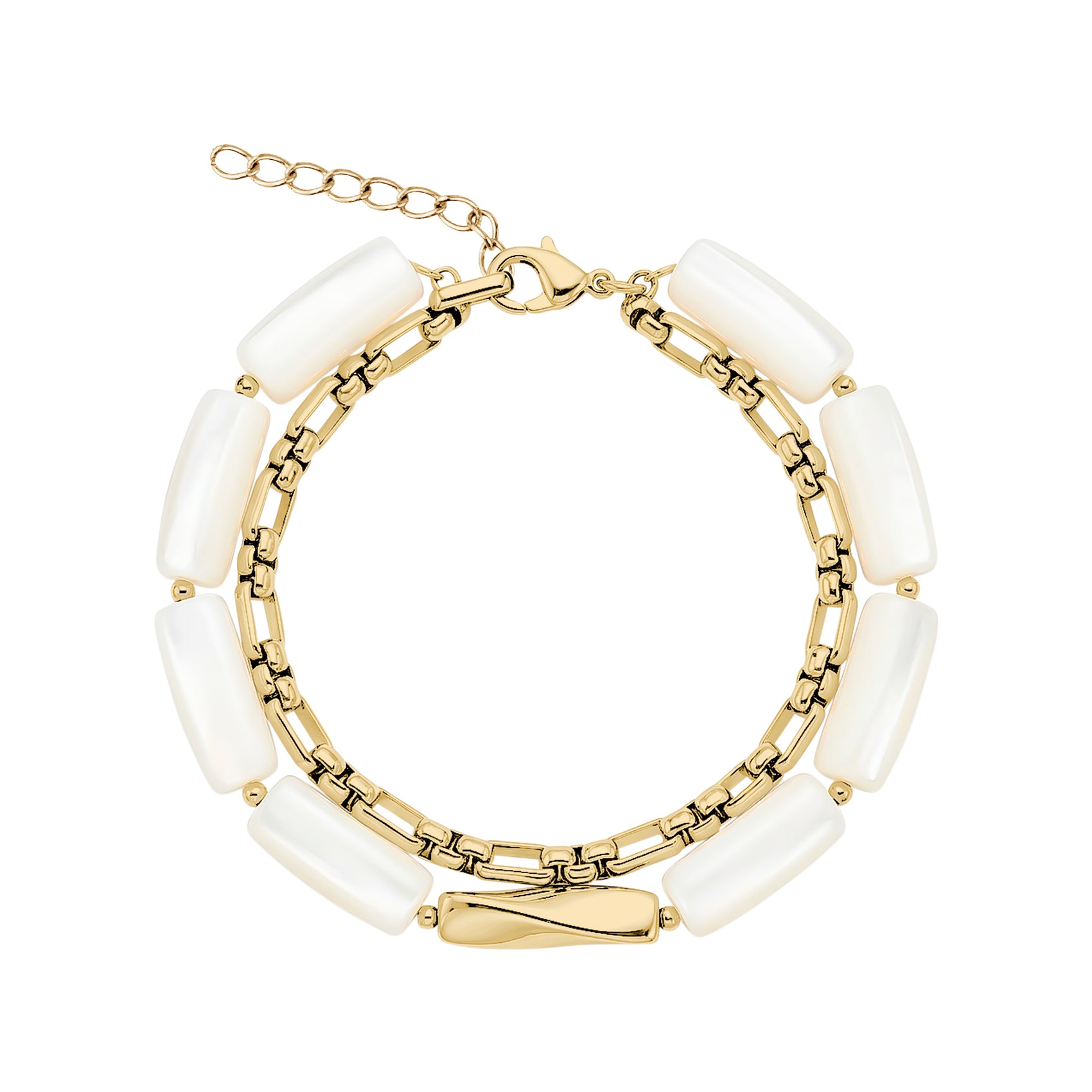 Double-layered mother of pearl and gold link women's bracelet with extension chain