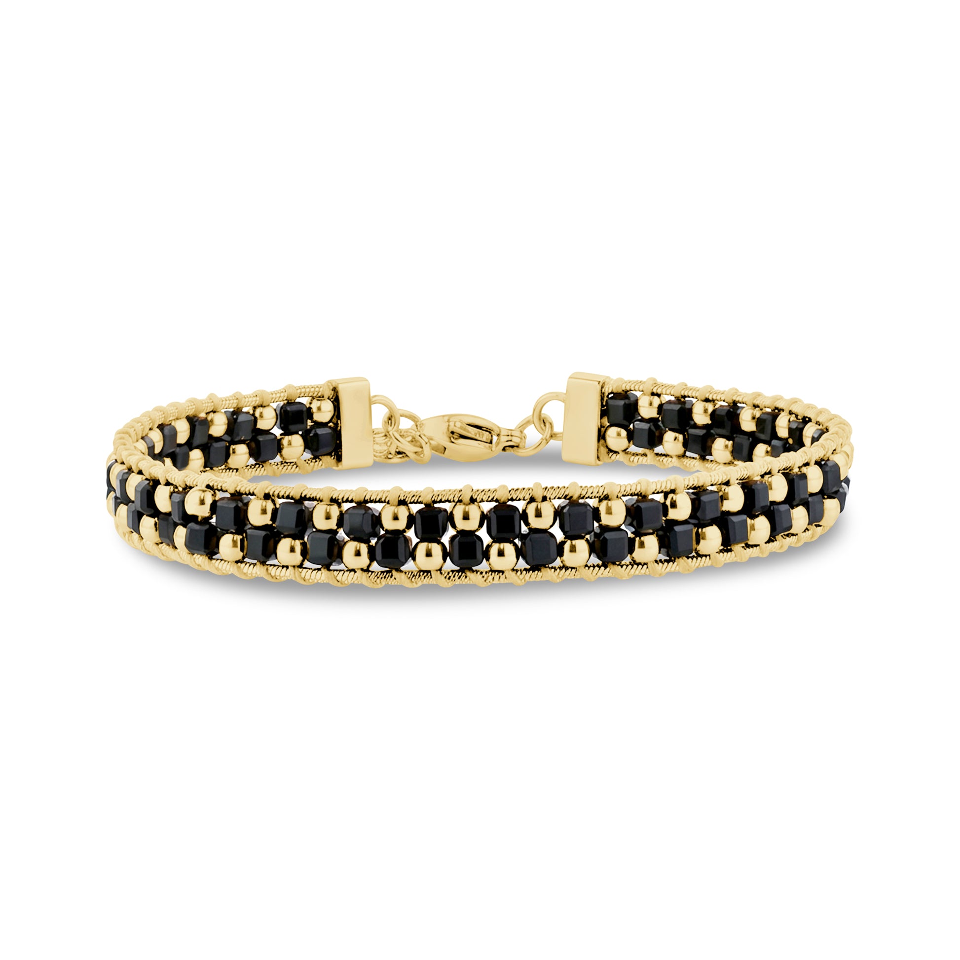 Woven bead link bracelet made of gold-tone stainless steel and black spinel beads with a lobster clasp