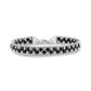 Woven bead link bracelet made of stainless steel and black spinel beads with silver tones and a lobster clasp