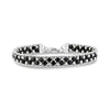 Woven bead link bracelet made of stainless steel and black spinel beads with silver tones and a lobster clasp