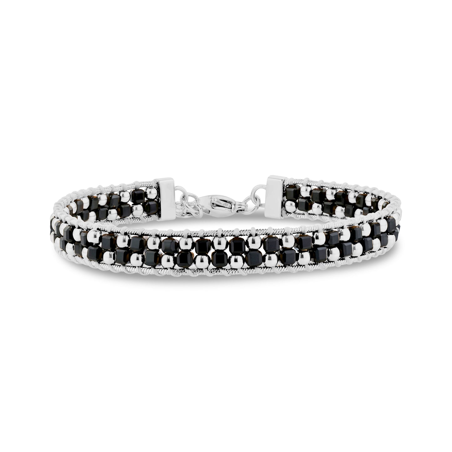 Woven bead link bracelet made of stainless steel and black spinel beads with silver tones and a lobster clasp