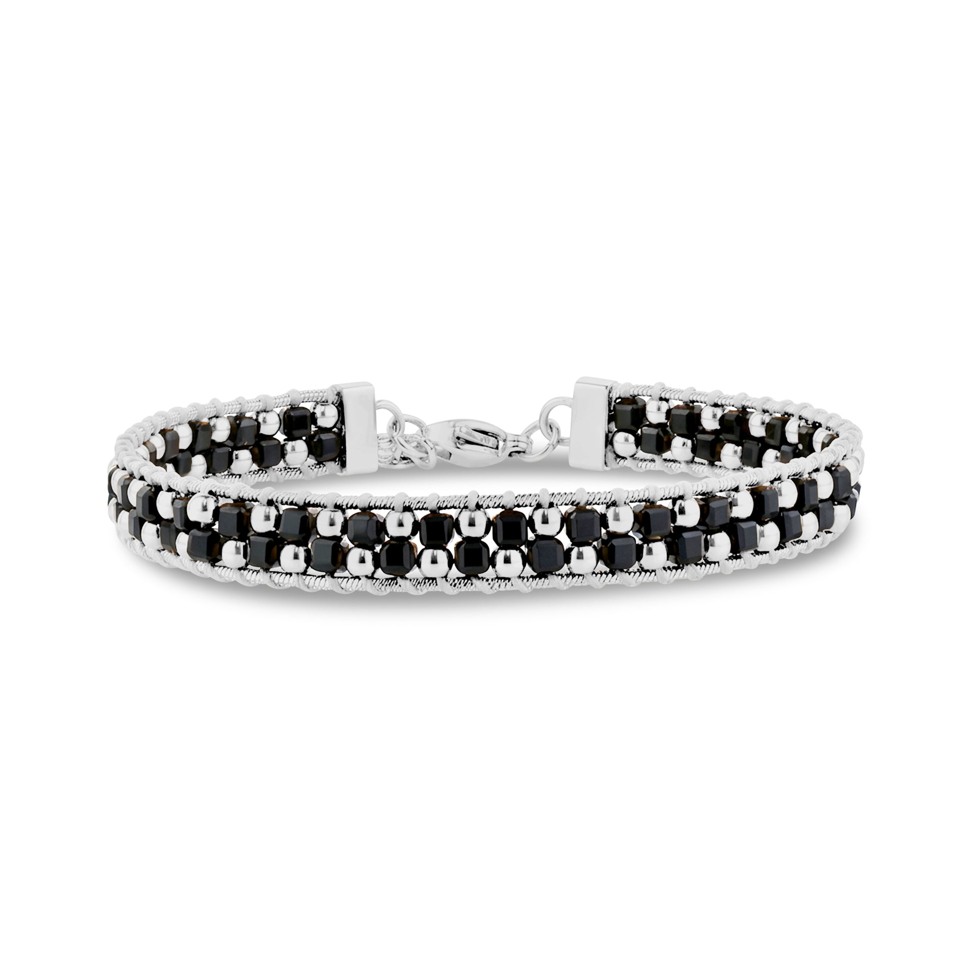 Woven bead link bracelet made of stainless steel and black spinel beads with silver tones and a lobster clasp
