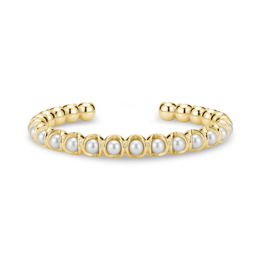 Gold-tone pearl open cuff bracelet with shell pearls set in stainless steel