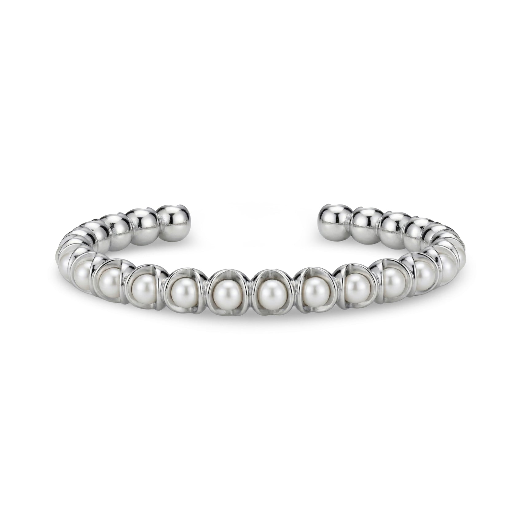 Silver-tone pearl open cuff bracelet with shell pearls set in stainless steel