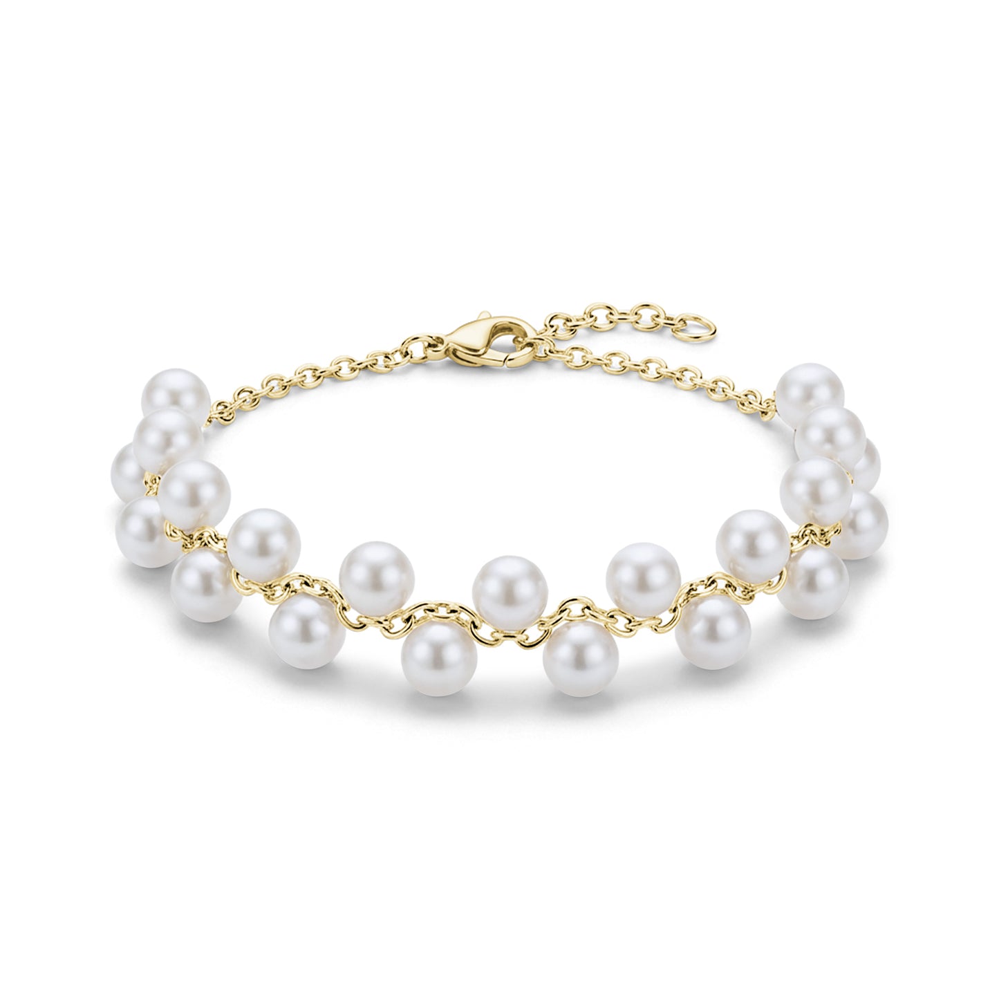 Gold-tone floating pearl chain bracelet with 4mm shell pearls and clasp closure on white background