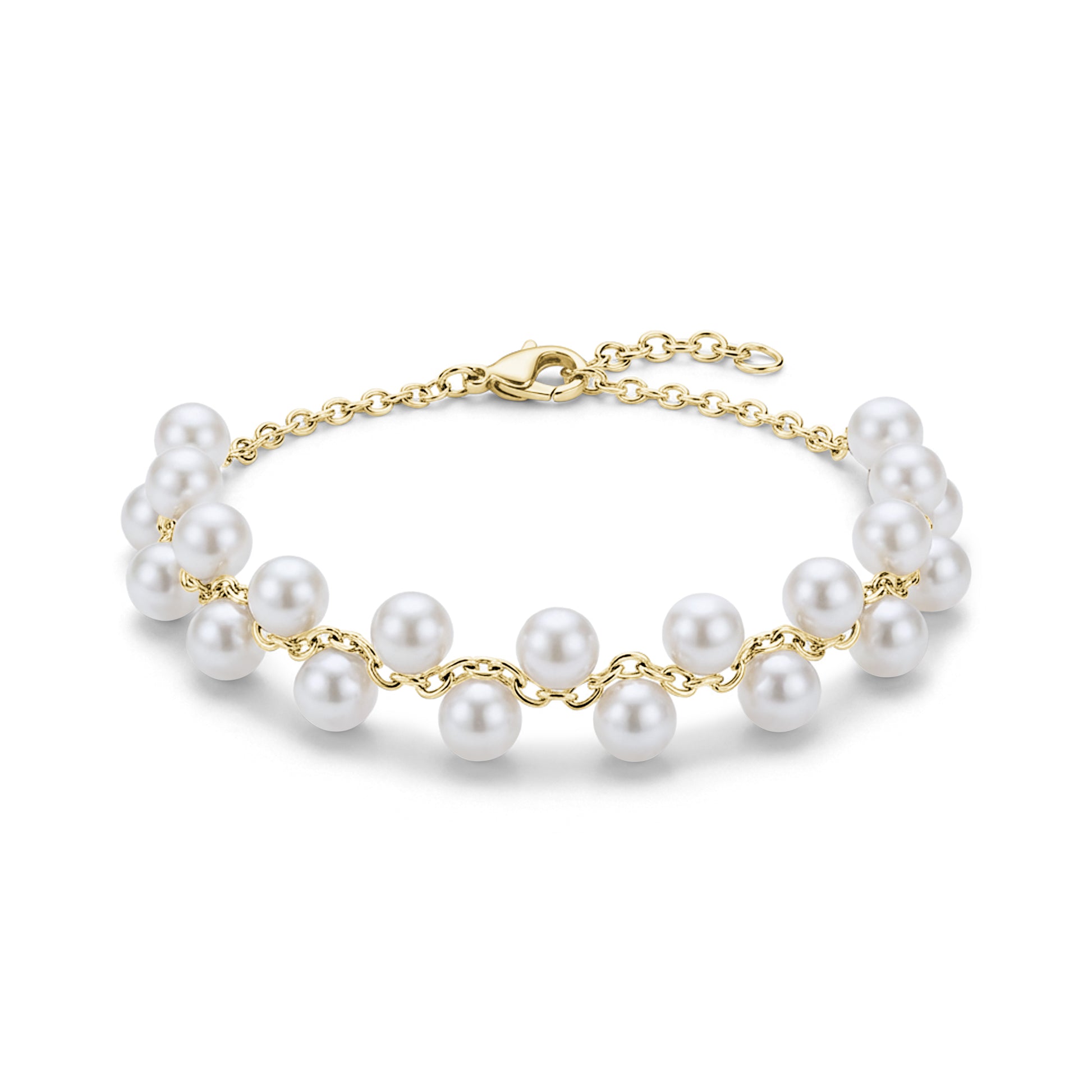 Gold-tone floating pearl chain bracelet with 4mm shell pearls and clasp closure on white background
