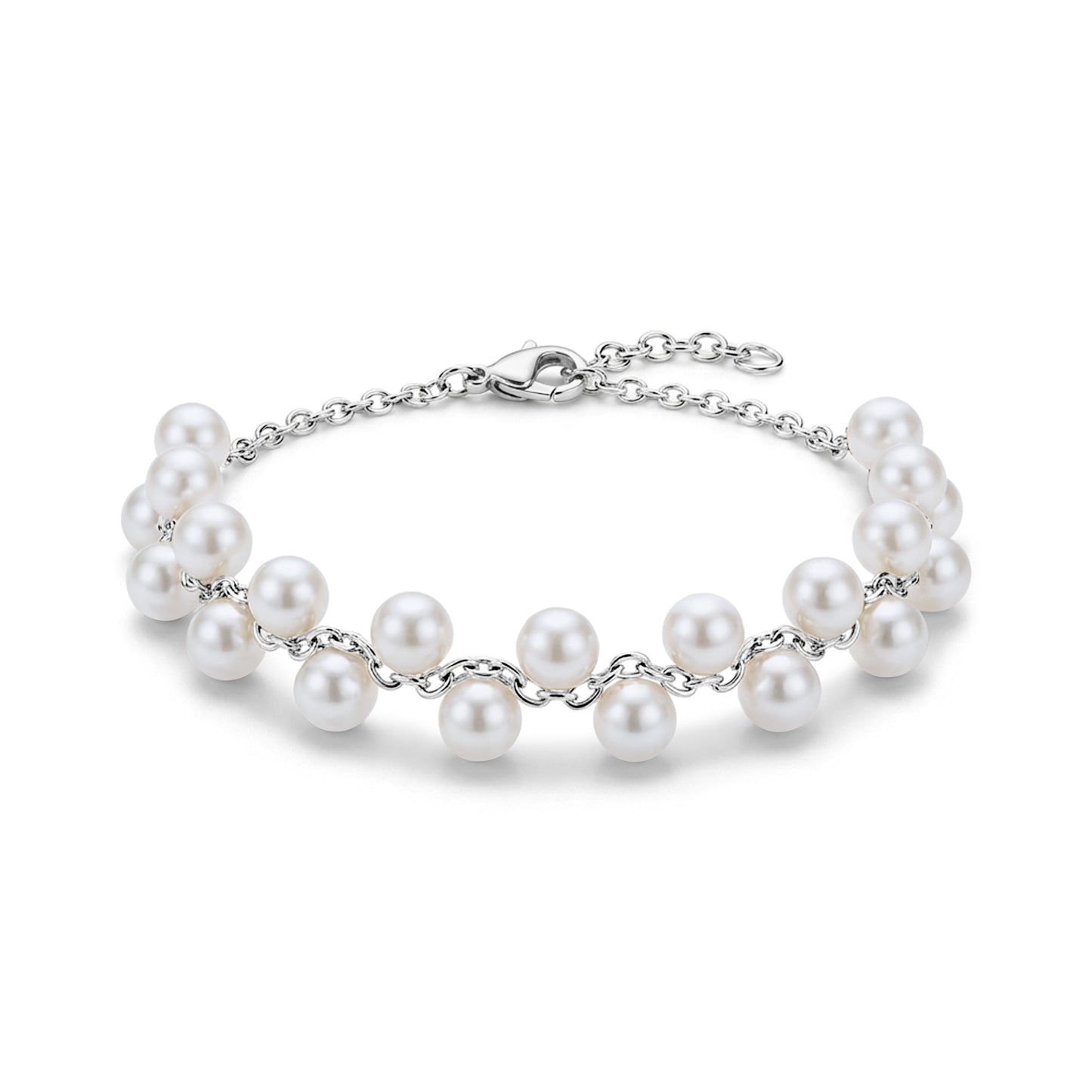 Silver-tone floating pearl chain bracelet with 4mm shell pearls and clasp closure on white background