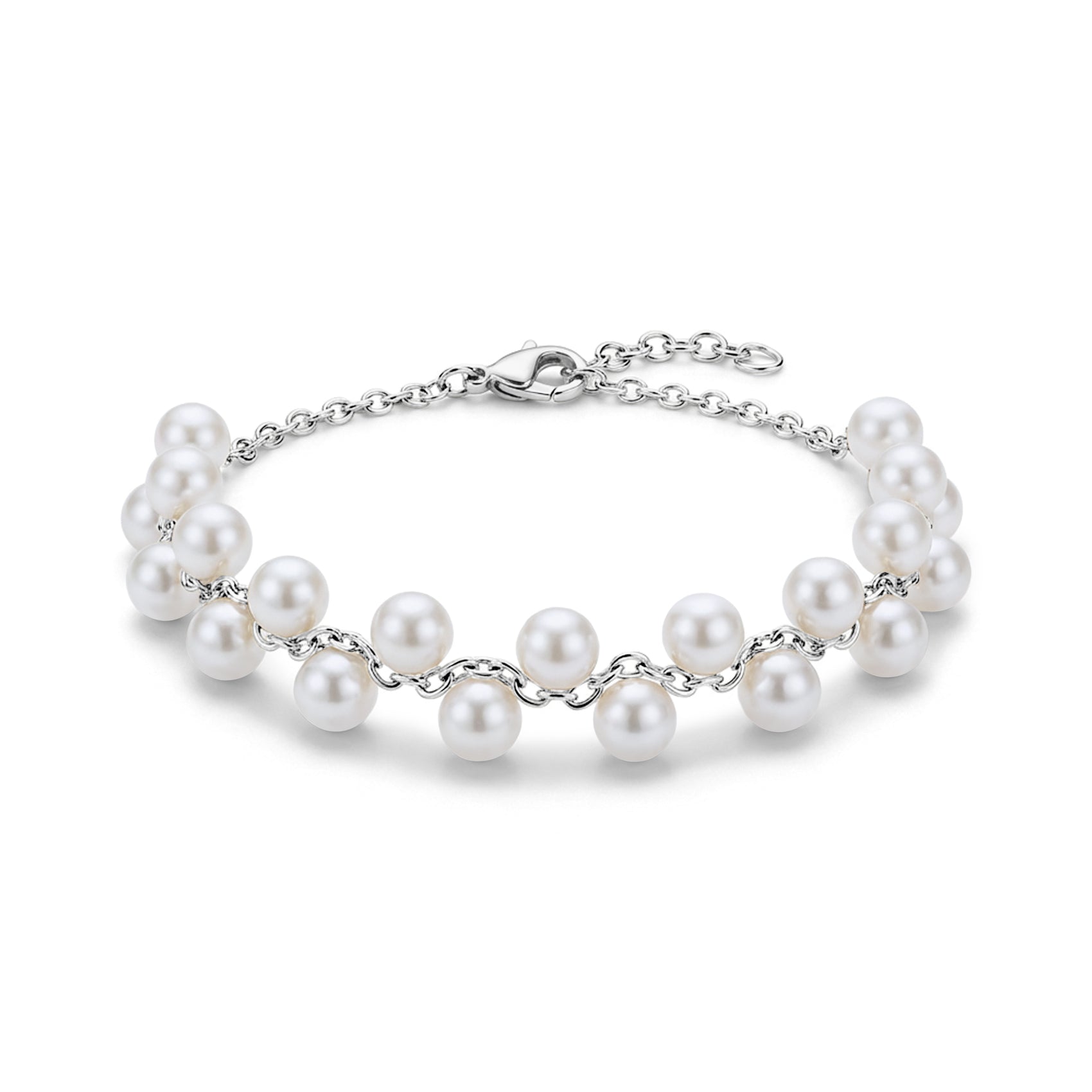 Silver-tone floating pearl chain bracelet with 4mm shell pearls and clasp closure on white background