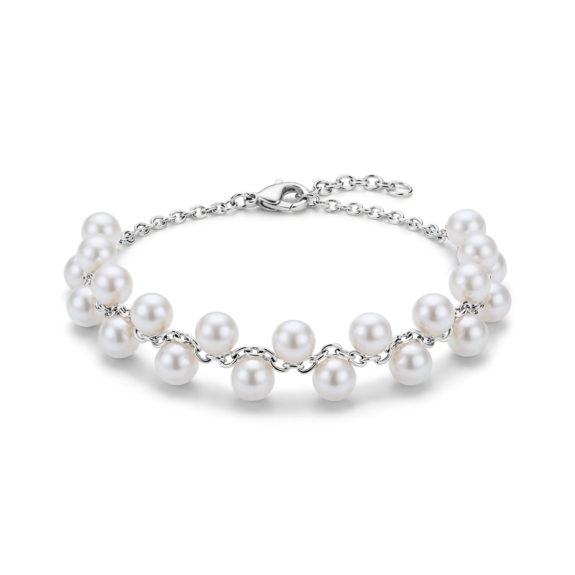 Silver-tone floating pearl chain bracelet with 4mm shell pearls and clasp closure on white background