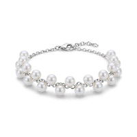 Silver-tone floating pearl chain bracelet with 4mm shell pearls and clasp closure on white background