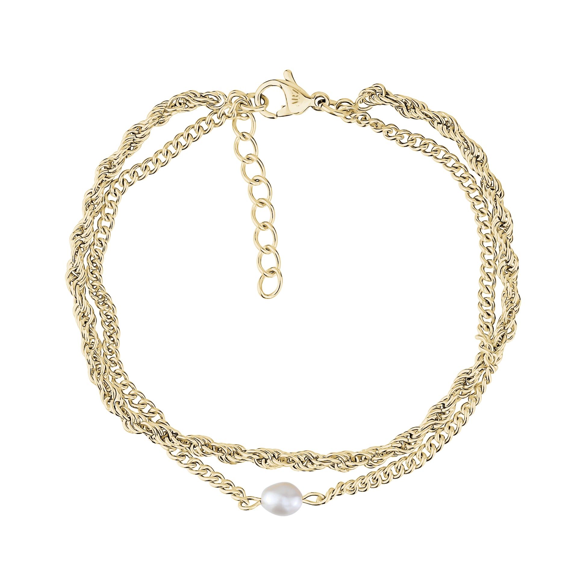 Gold tone freshwater pearl twist chain women's bracelet featuring rope and Cuban link chains with lobster clasp and adjustable extension