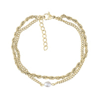 Gold tone freshwater pearl twist chain women's bracelet featuring rope and Cuban link chains with lobster clasp and adjustable extension