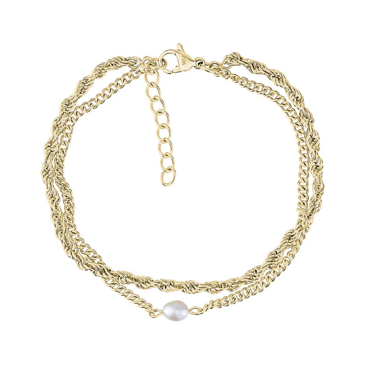 Gold tone freshwater pearl twist chain women's bracelet featuring rope and Cuban link chains with lobster clasp and adjustable extension