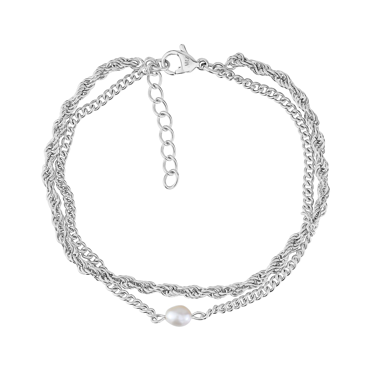 Silver tone freshwater pearl twist chain women's bracelet with lobster clasp and adjustable extension