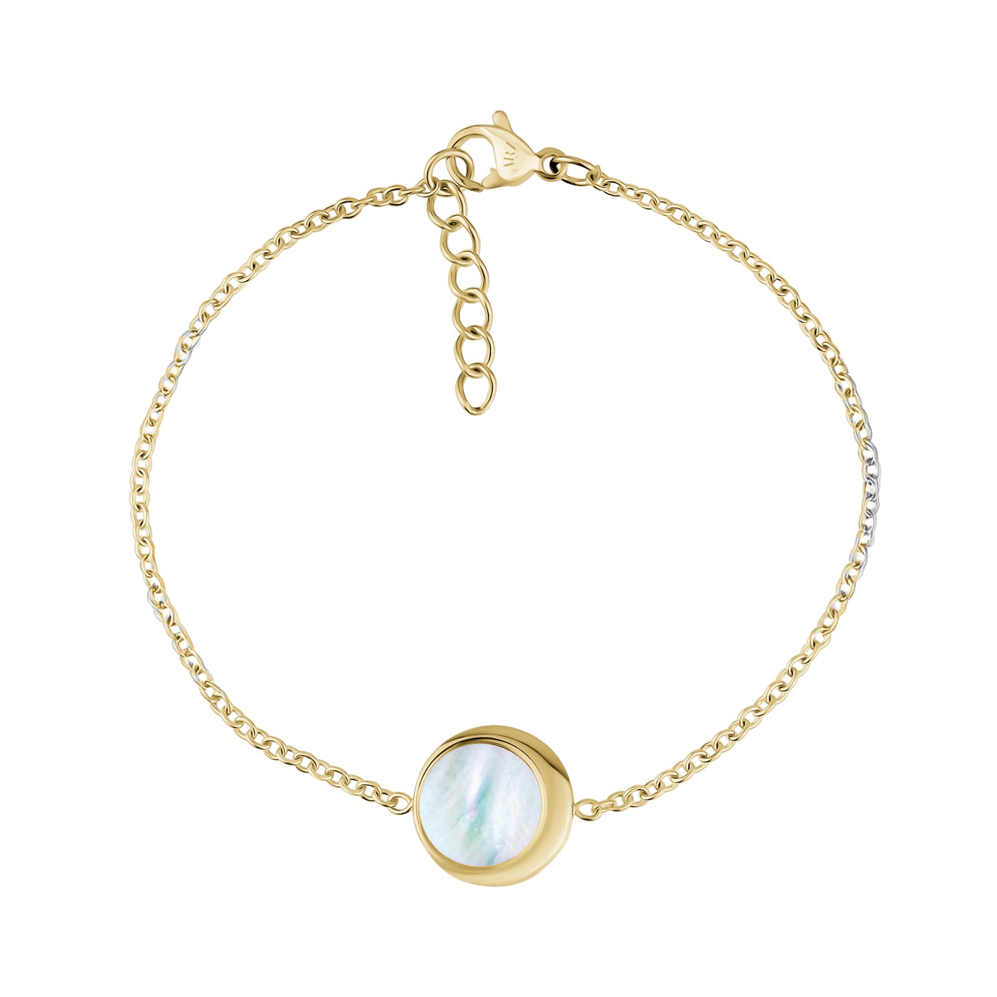 Gold moonlight mother of pearl women's bracelet with 12mm round centerpiece and adjustable chain