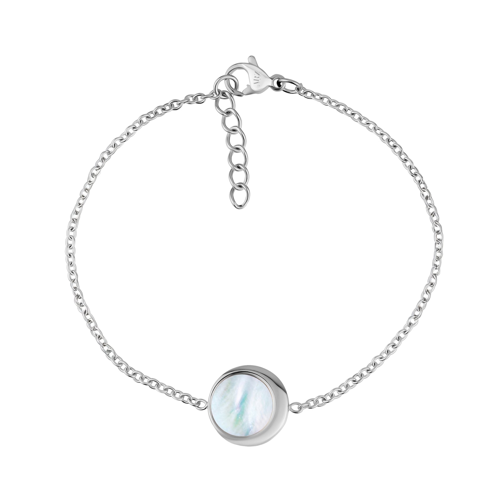 Silver moonlight mother of pearl women's bracelet with 12mm round centerpiece and adjustable chain