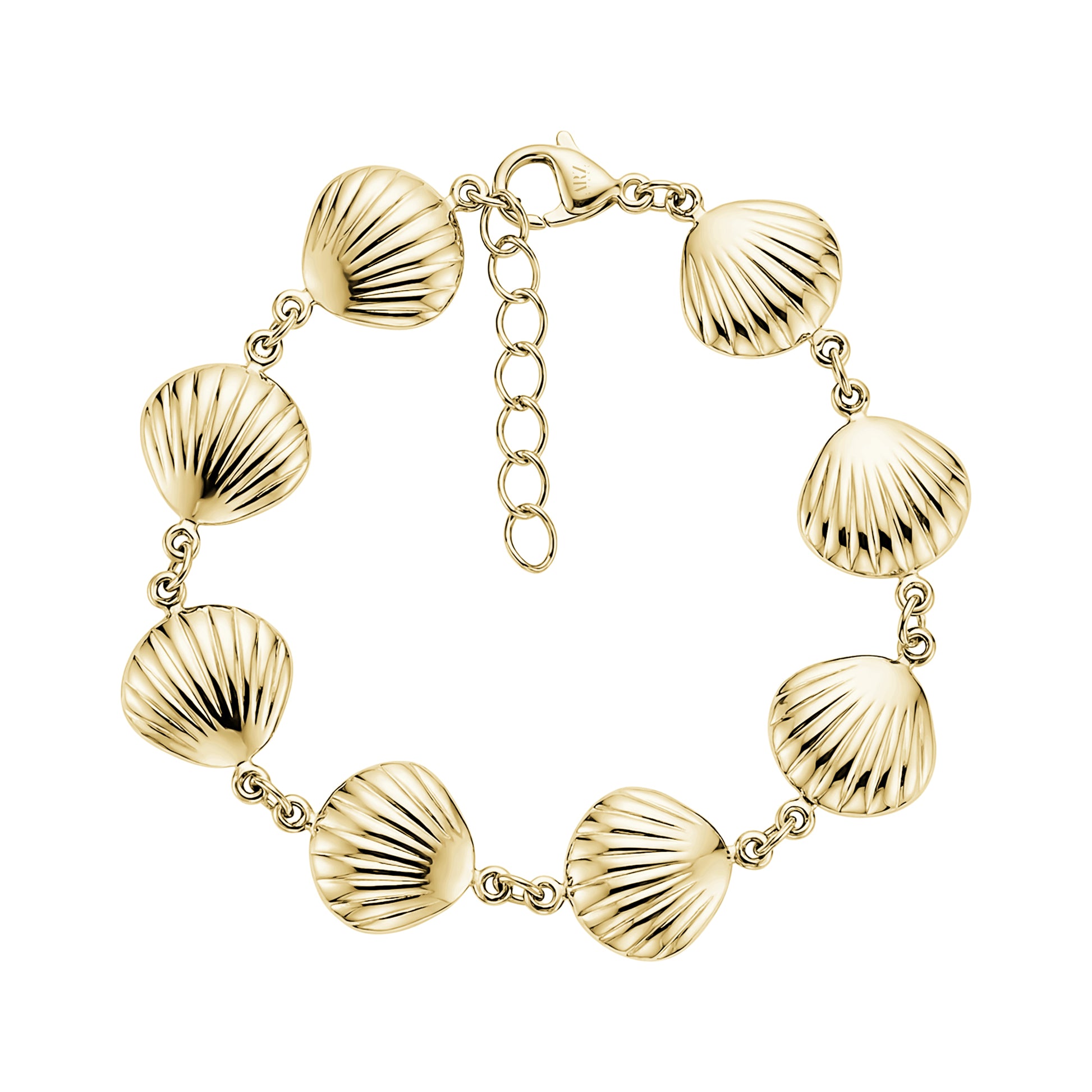 Gold stainless steel seashell link bracelet with adjustable chain clasp laid flat