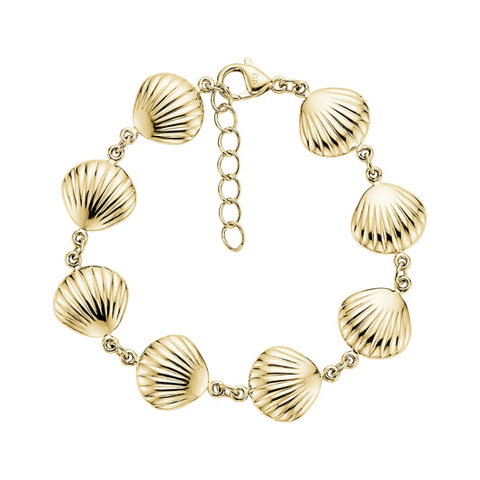 Gold stainless steel seashell link bracelet with adjustable chain clasp laid flat