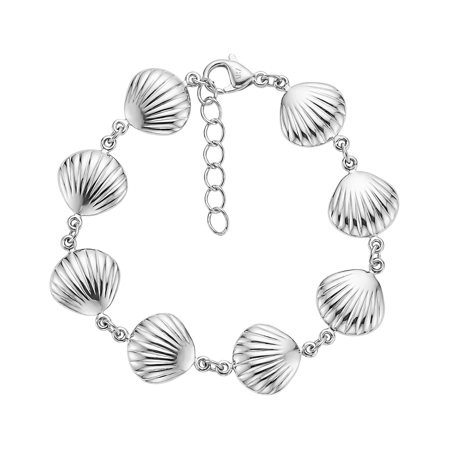 Silver stainless steel seashell link bracelet with adjustable chain clasp laid flat