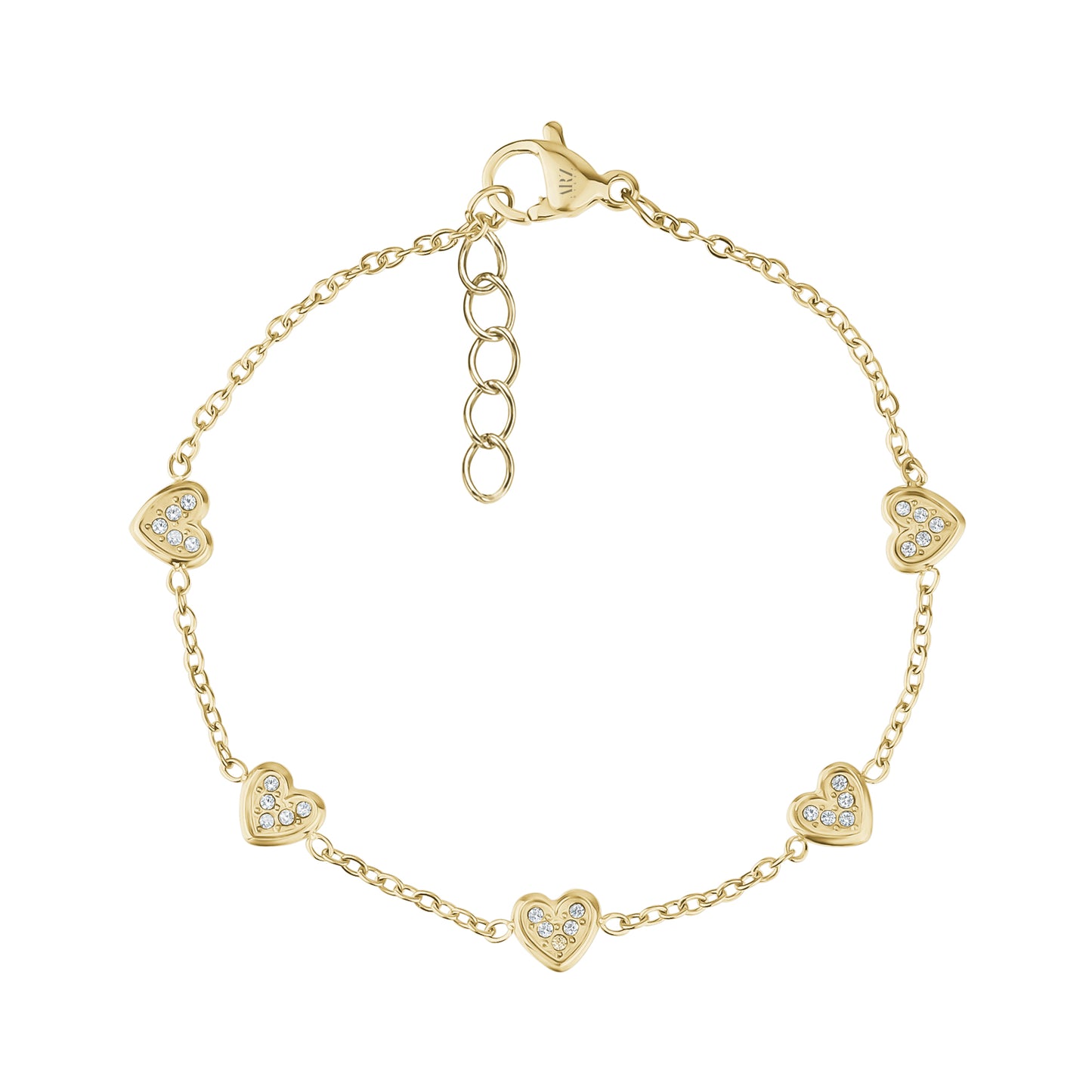 Gold minimal heart chain bracelet featuring five heart charms with cubic zirconia stones and adjustable length.