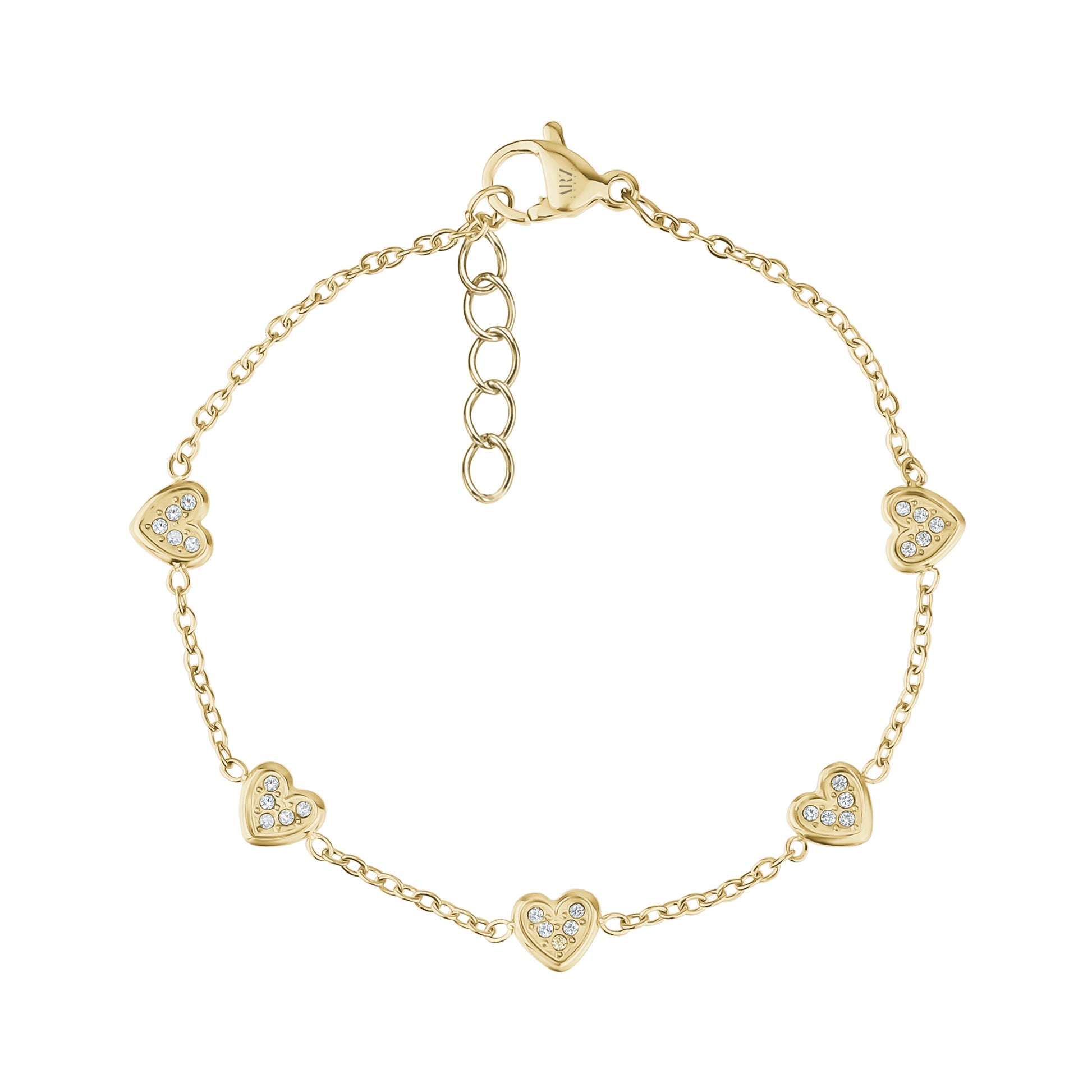 Gold minimal heart chain bracelet featuring five heart charms with cubic zirconia stones and adjustable length.