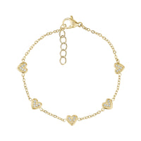 Gold minimal heart chain bracelet featuring five heart charms with cubic zirconia stones and adjustable length.