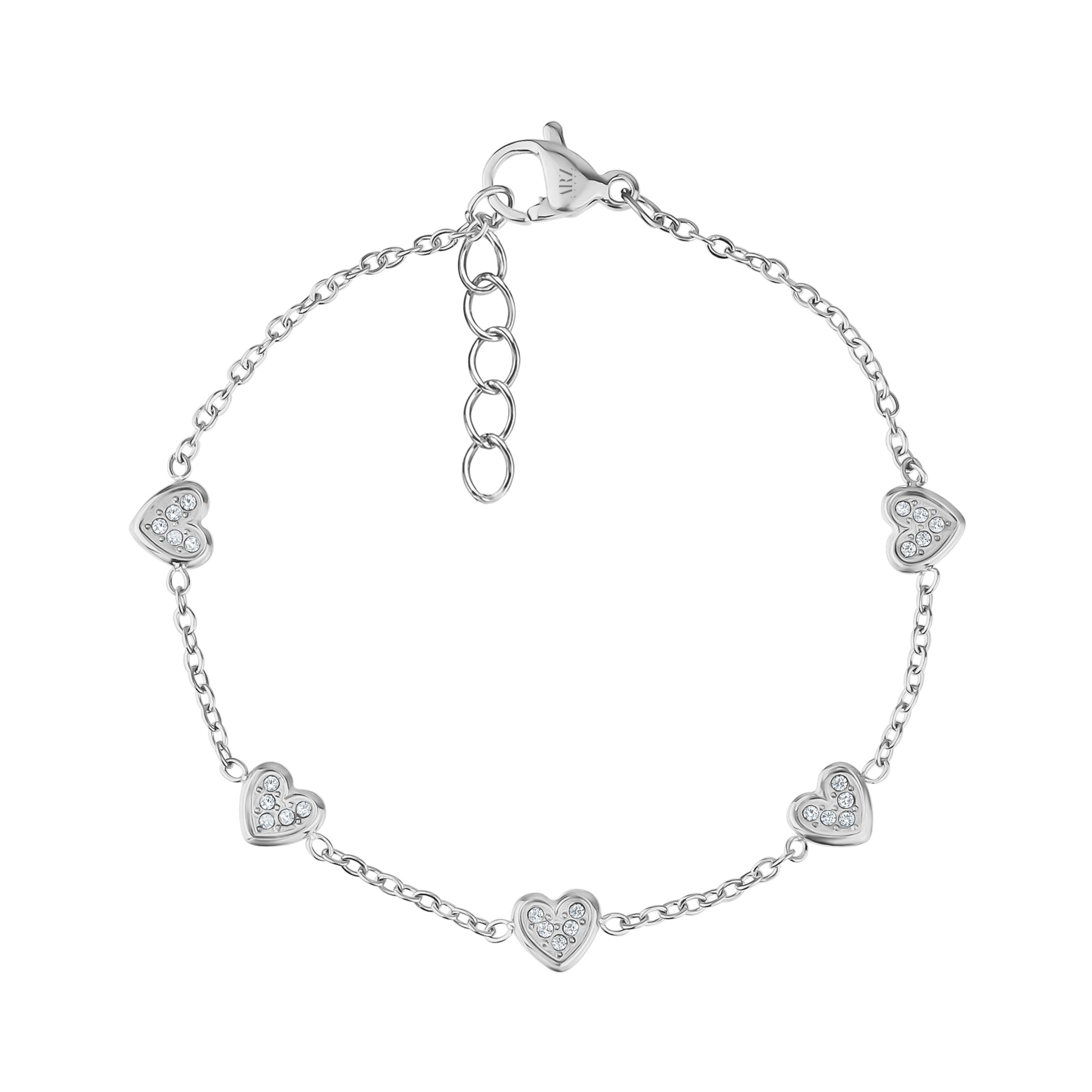 Silver minimal heart chain bracelet featuring five heart charms with cubic zirconia stones and adjustable length.